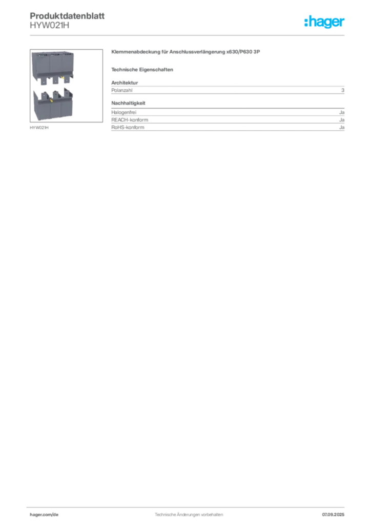 Bild Hager Produktdatenblatt HYW021H | Hager Deutschland
