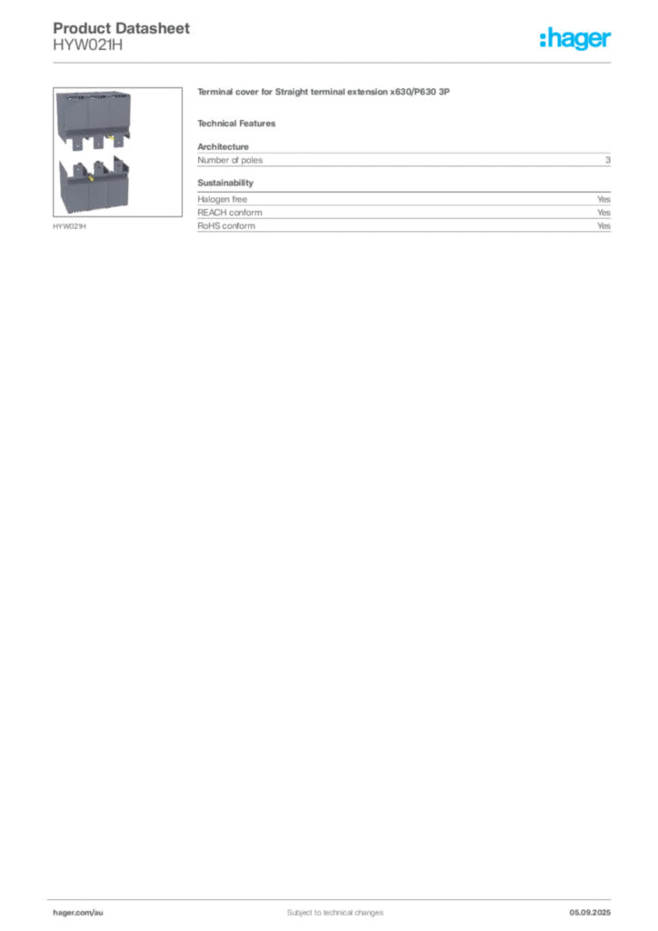 Image Hager Product data sheet HYW021H  | Hager Australia