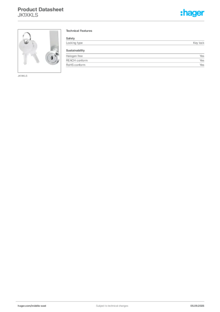 Image Hager Product data sheet JK1XKLS  | Hager