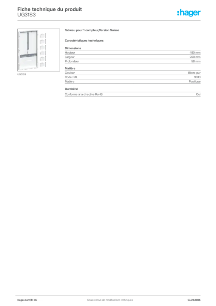 Image Hager Fiche technique du produit UG31S3 | Hager Suisse