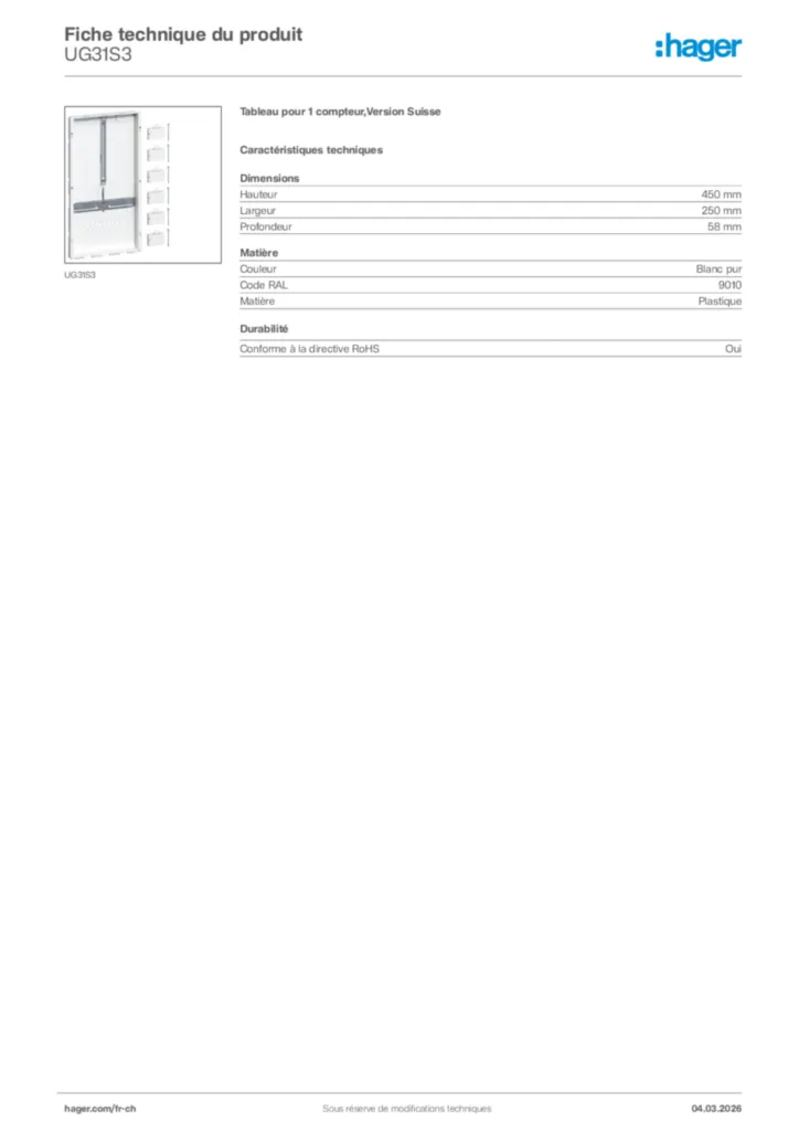 Image Hager Fiche technique du produit UG31S3 | Hager Suisse