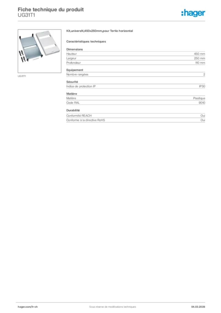 Image Hager Fiche technique du produit UG31T1 | Hager Suisse