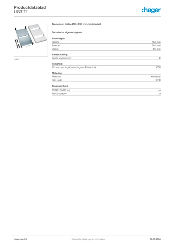 Afbeelding Hager Productdatablad UG31T1 | Hager Nederland