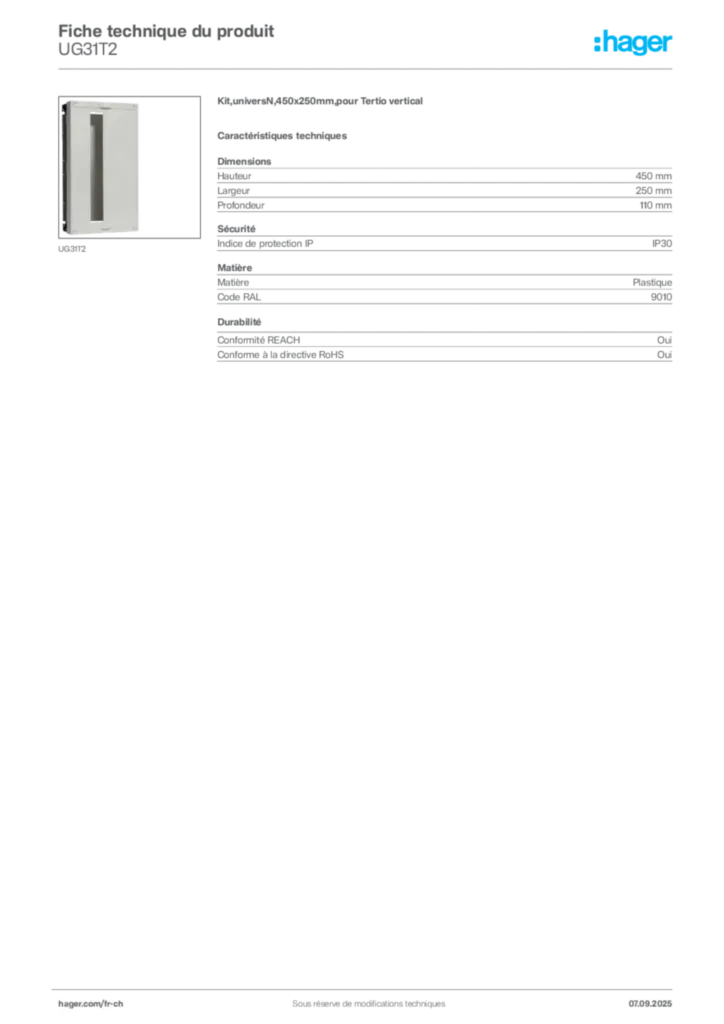 Image Hager Fiche technique du produit UG31T2 | Hager Suisse
