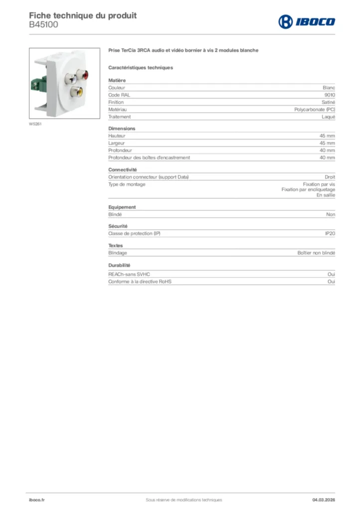 Image Iboco Fiche technique du produit B45100 | Hager France