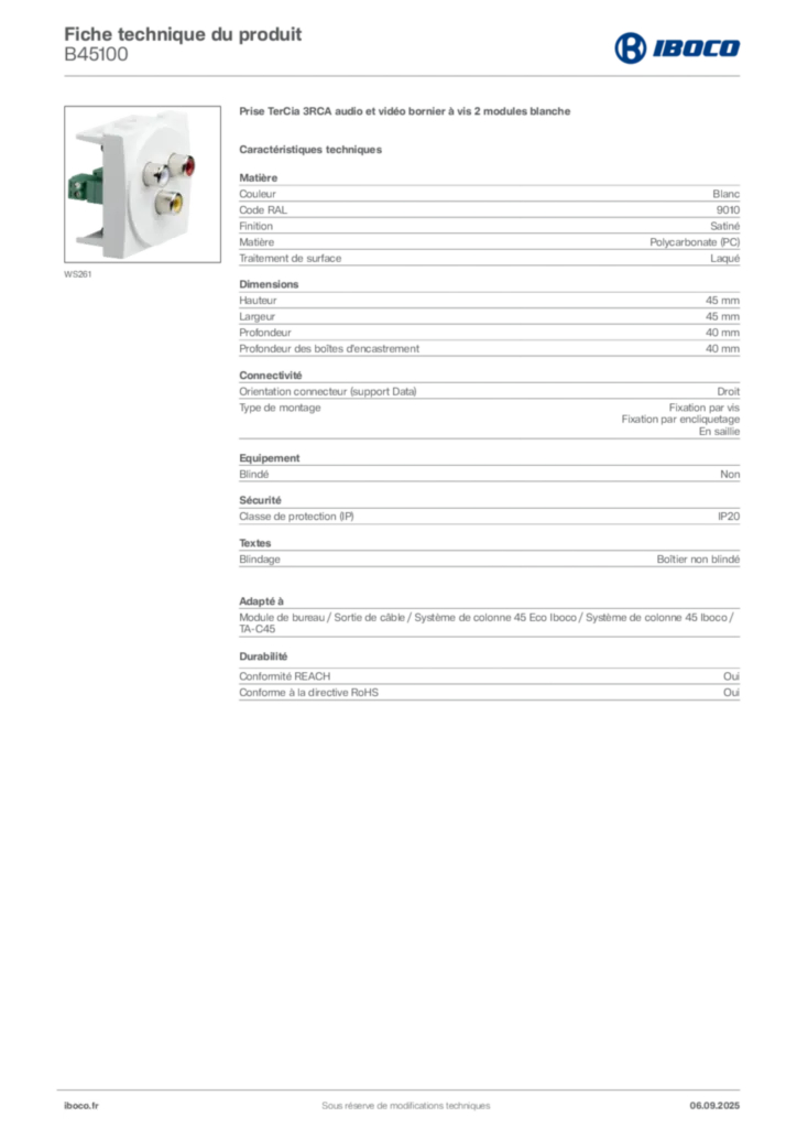 Image Iboco Fiche technique du produit B45100 | Hager France