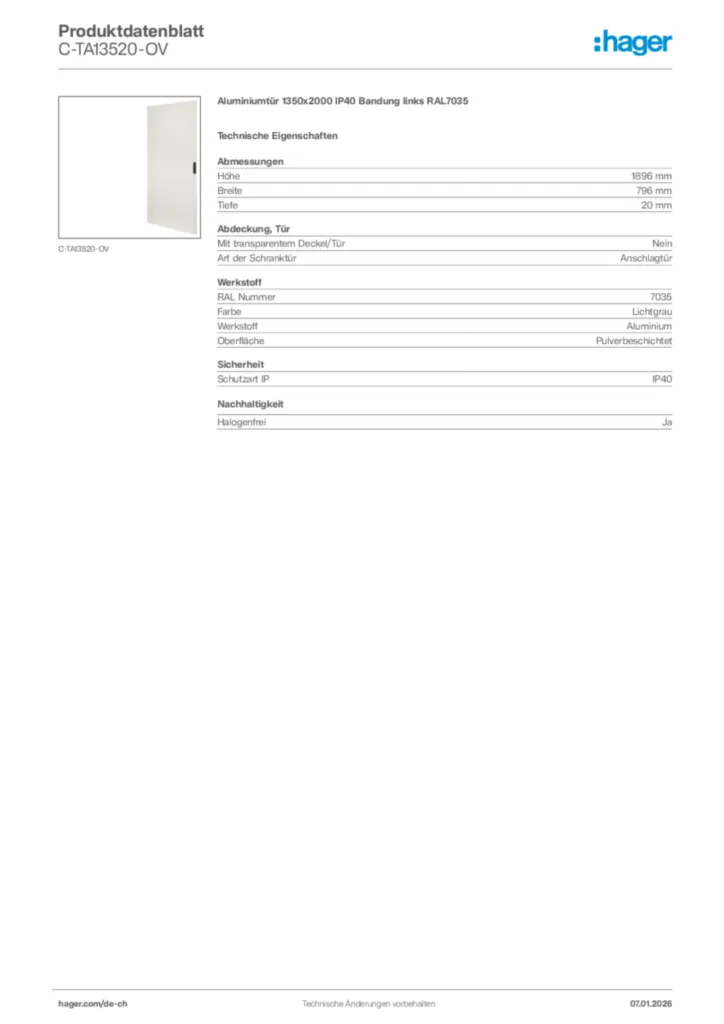Bild Hager Produktdatenblatt C-TA13520-OV | Hager Schweiz