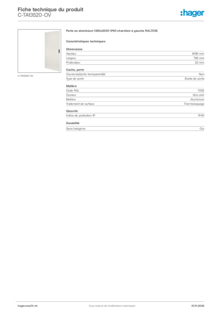 Image Hager Fiche technique du produit C-TA13520-OV | Hager Suisse