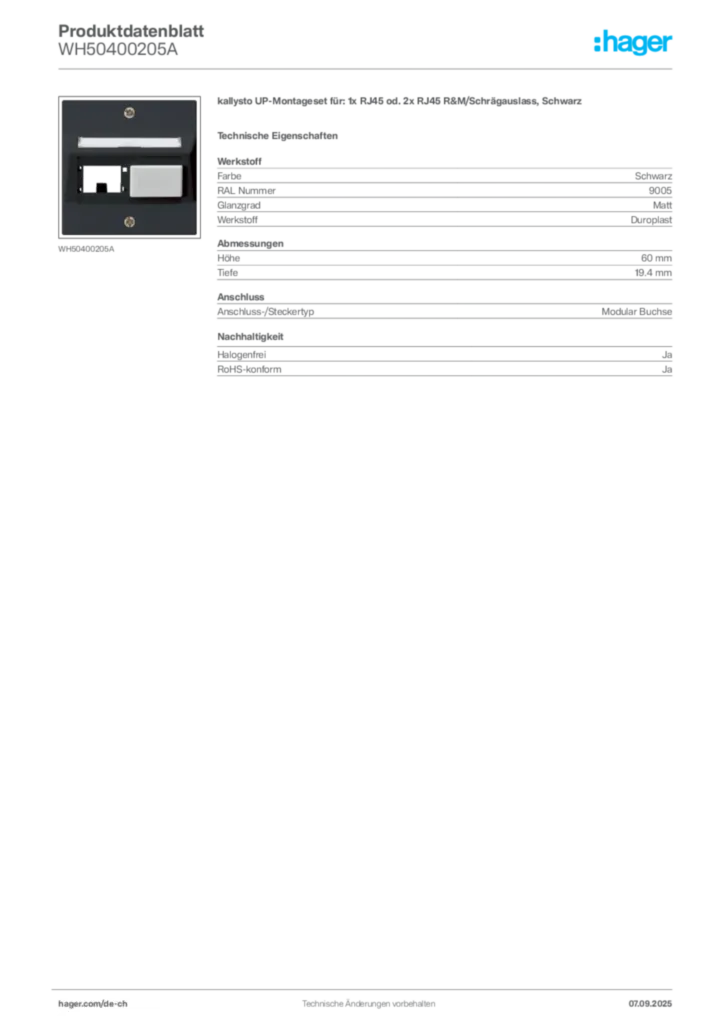 Bild Hager Produktdatenblatt WH50400205A | Hager Schweiz
