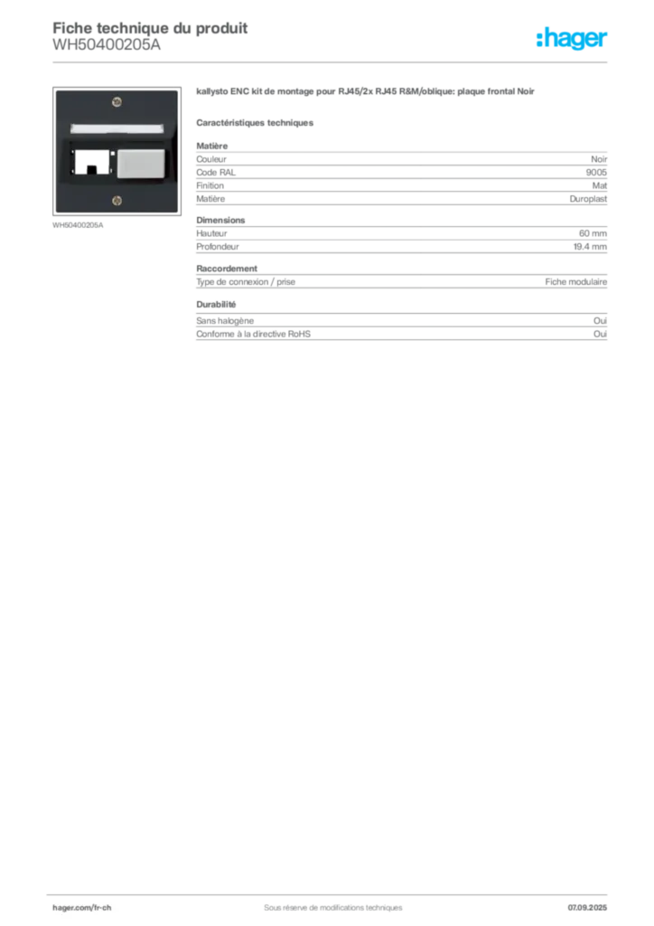Image Hager Fiche technique du produit WH50400205A | Hager Suisse