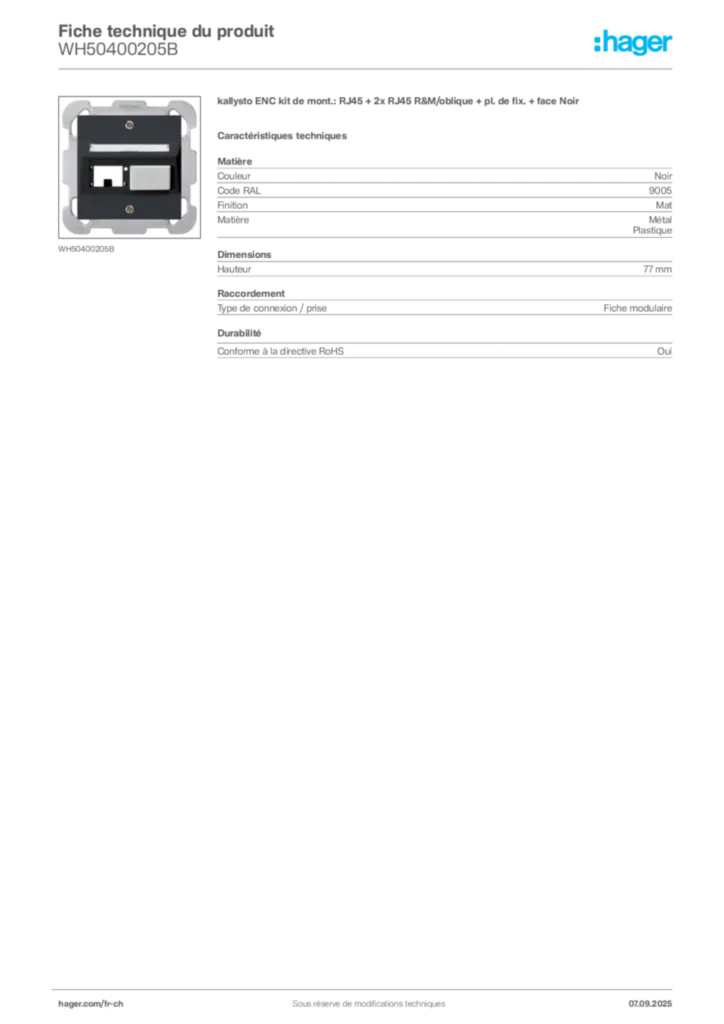 Image Hager Fiche technique du produit WH50400205B | Hager Suisse