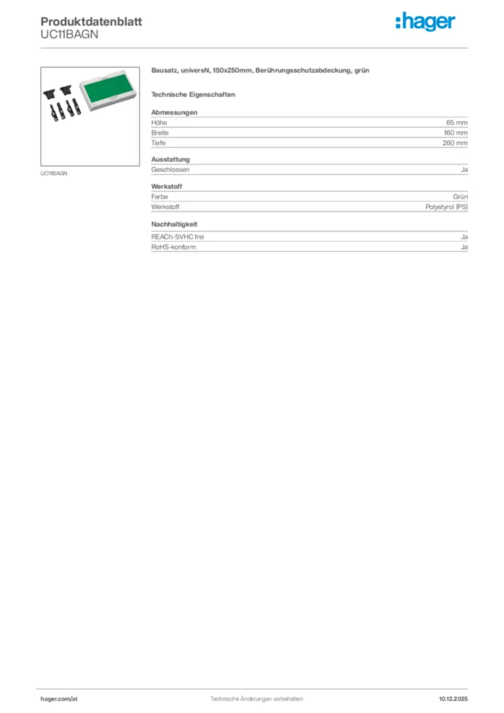 Bild Hager Produktdatenblatt UC11BAGN | Hager Deutschland