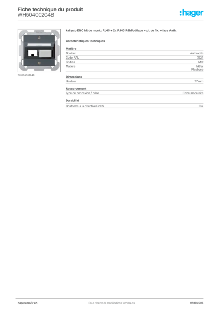 Image Hager Fiche technique du produit WH50400204B | Hager Suisse