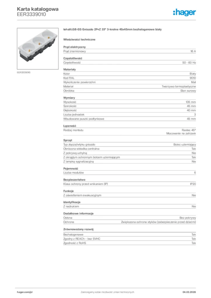 Zdjęcie Hager Karta katalogowa EER3339010 | Hager Polska