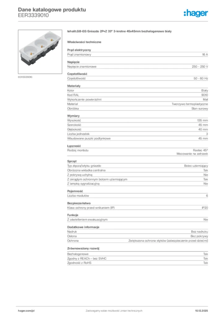 Zdjęcie Hager Dane katalogowe produktu EER3339010 | Hager Polska