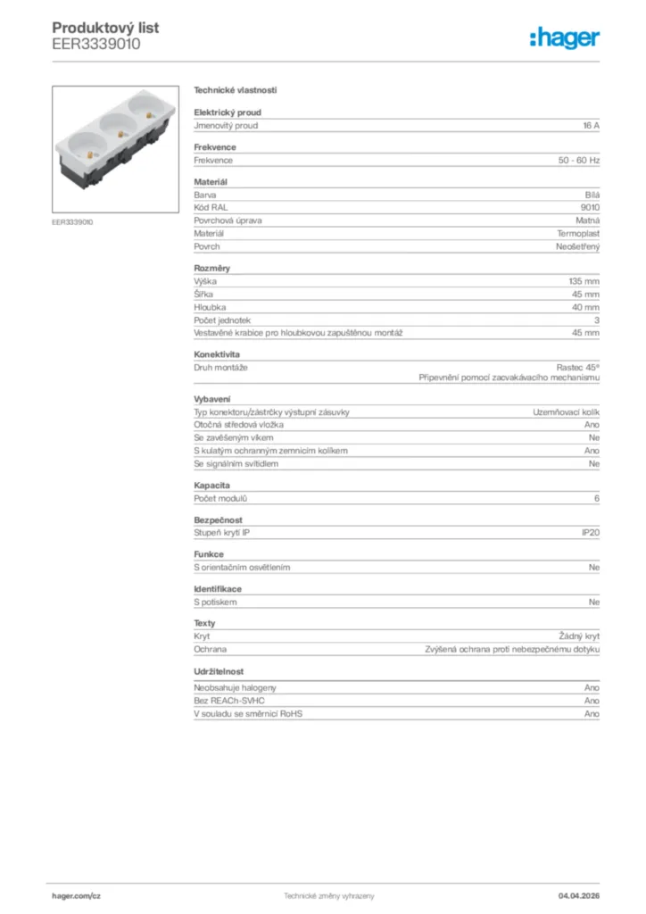 Obrázek Hager Product data sheet EER3339010 | Hager