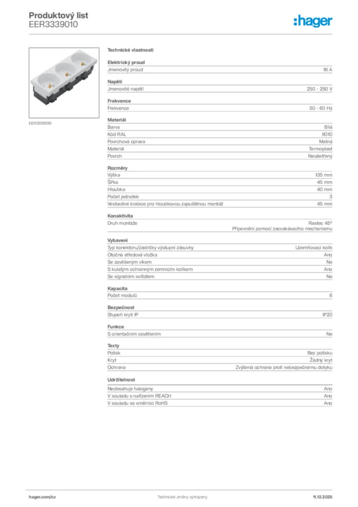 Obrázek Hager Produktový list EER3339010 | Hager