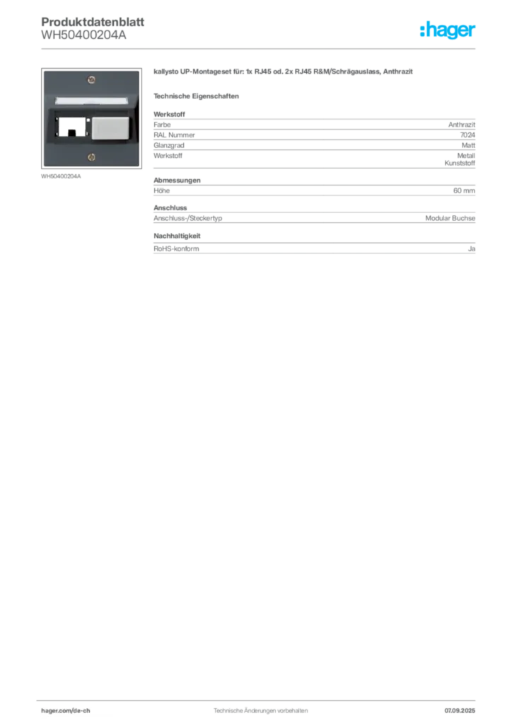 Bild Hager Produktdatenblatt WH50400204A | Hager Schweiz