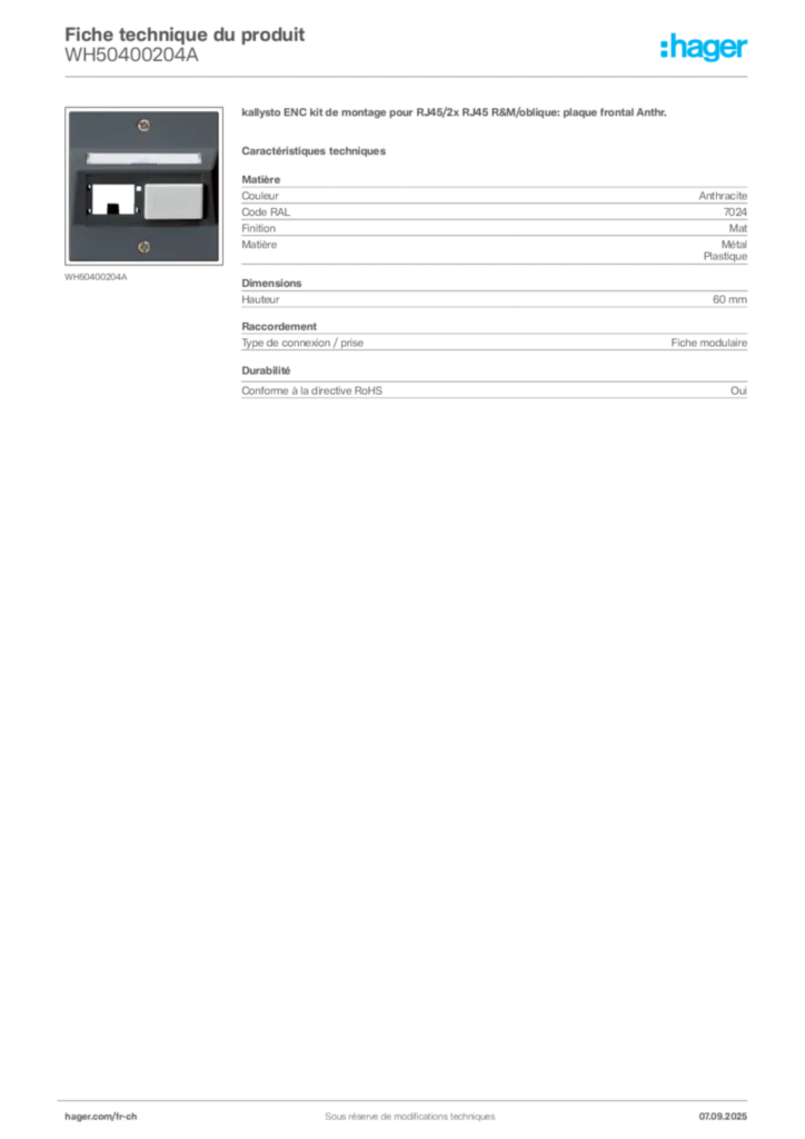 Image Hager Fiche technique du produit WH50400204A | Hager Suisse