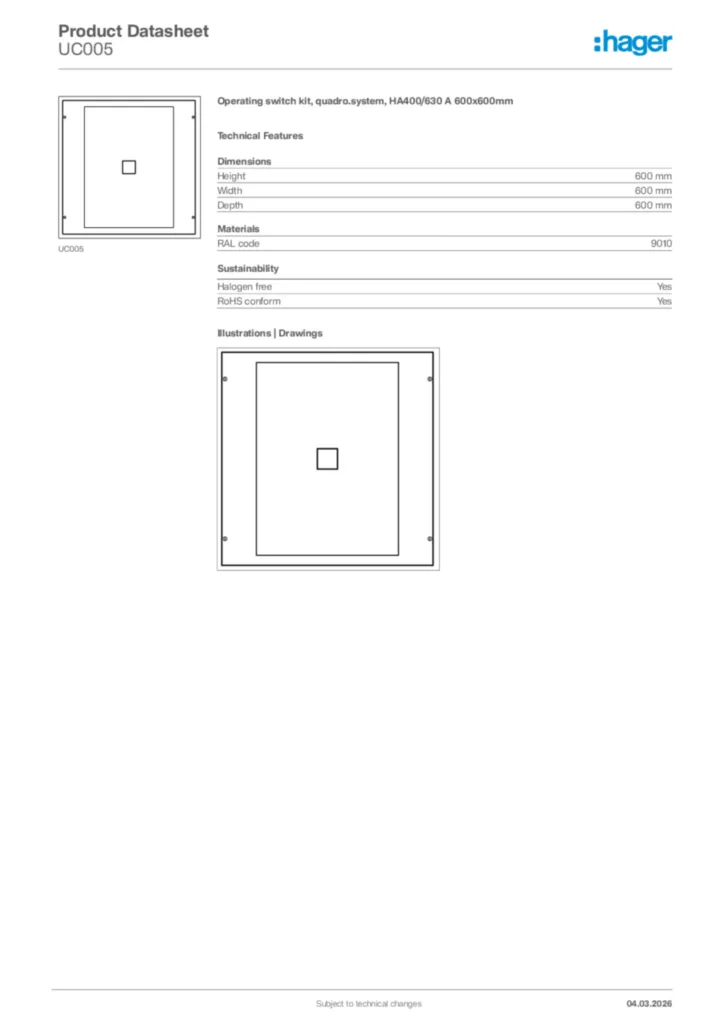Image Hager Product data sheet UC005  | Hager Africa