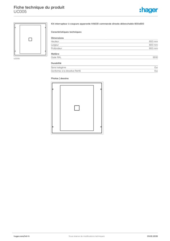Image Hager Fiche technique du produit UC005 | Hager Afrique