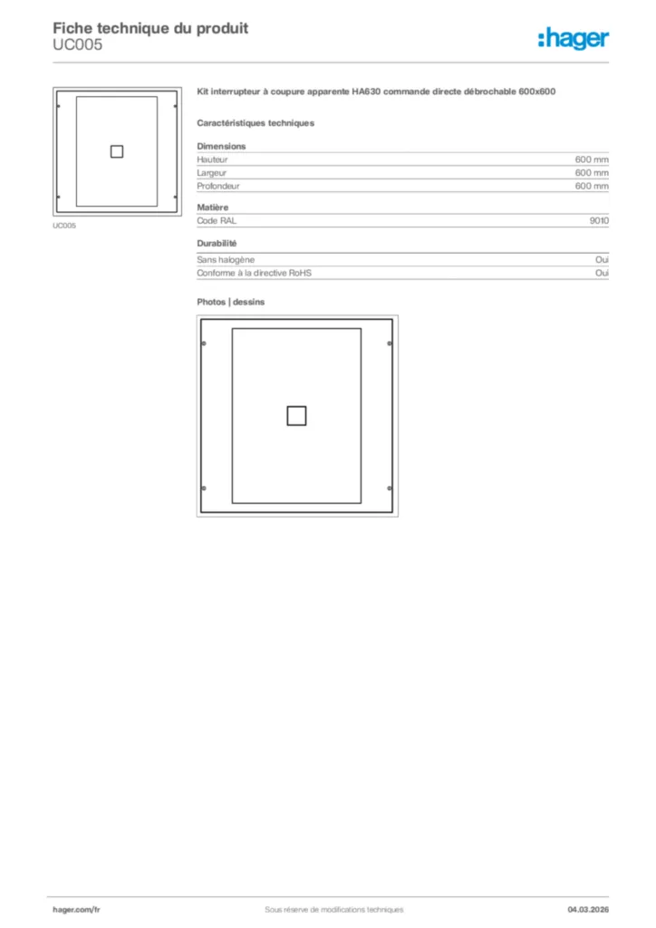 Image Hager Fiche technique du produit UC005 | Hager France
