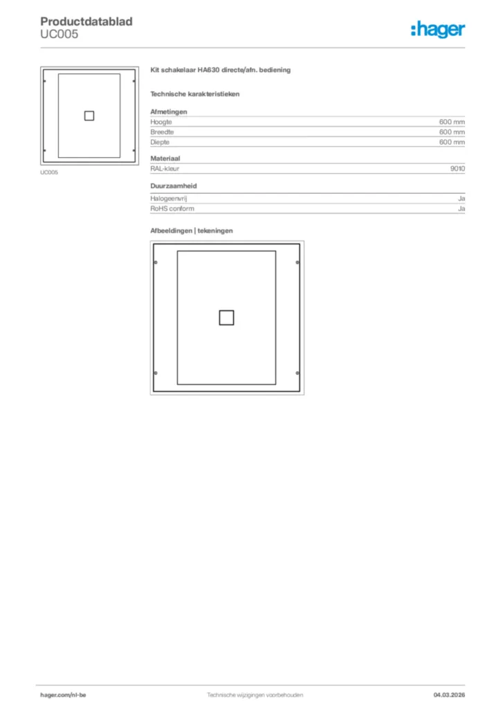 Afbeelding Hager Productdatablad UC005 | Hager Belgium