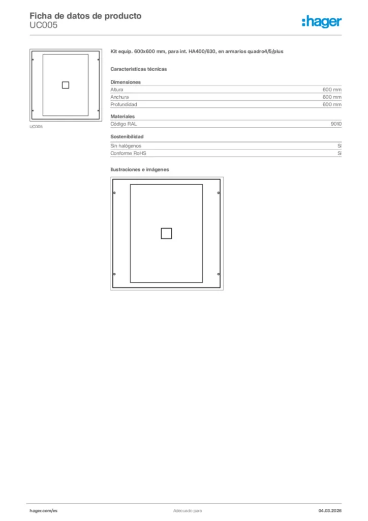 Imagen Hager Ficha de datos de producto UC005 | Hager España