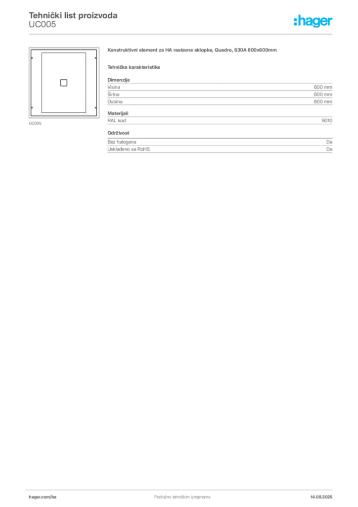 Slika Hager Product data sheet UC005  | Hager