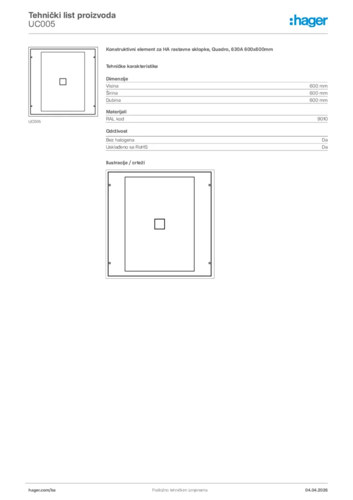 Slika Hager Tehnički list proizvoda UC005  | Hager