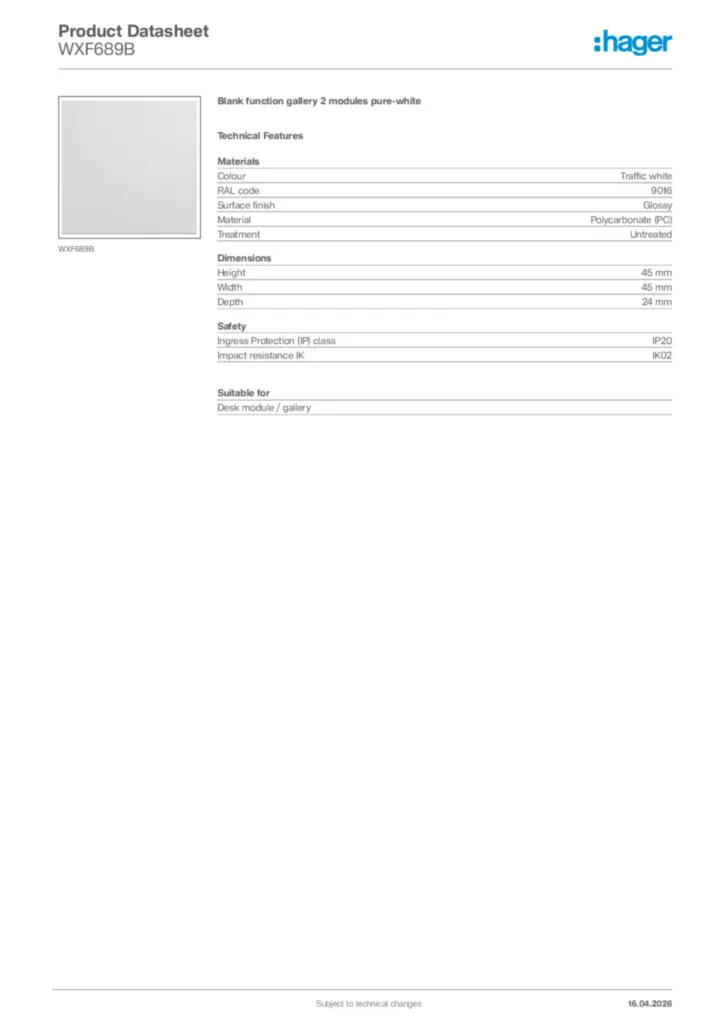 Image Hager Product data sheet WXF689B  | Hager Africa