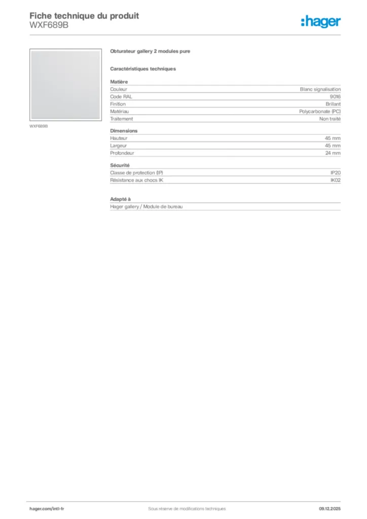 Image Hager Fiche technique du produit WXF689B | Hager Afrique