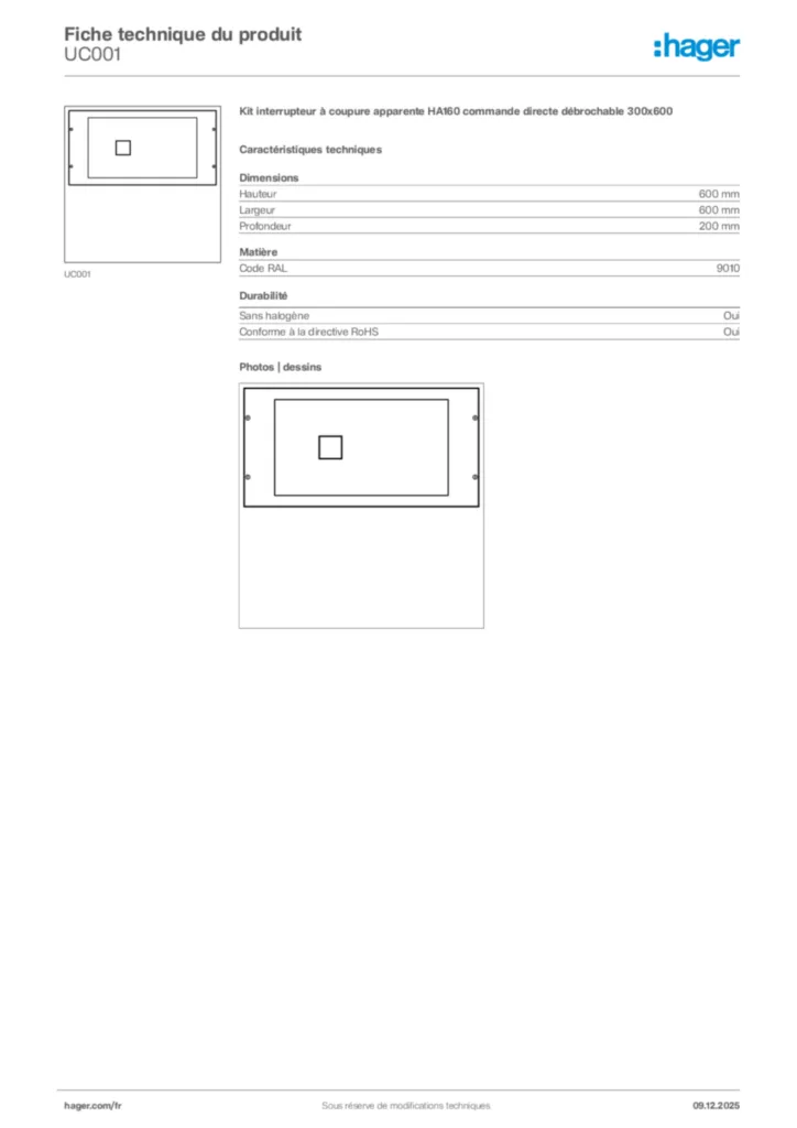Image Hager Fiche technique du produit UC001 | Hager France