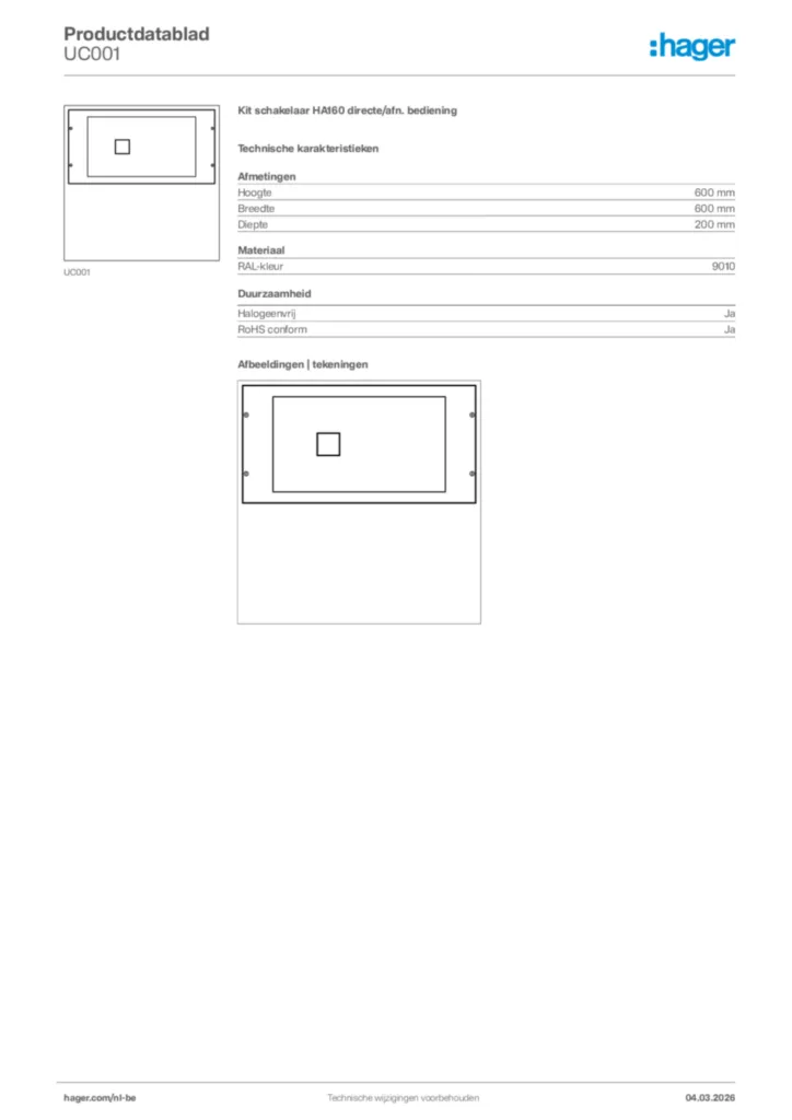 Afbeelding Hager Productdatablad UC001 | Hager Belgium
