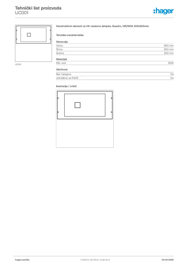 Slika Hager Tehnički list proizvoda UC001  | Hager