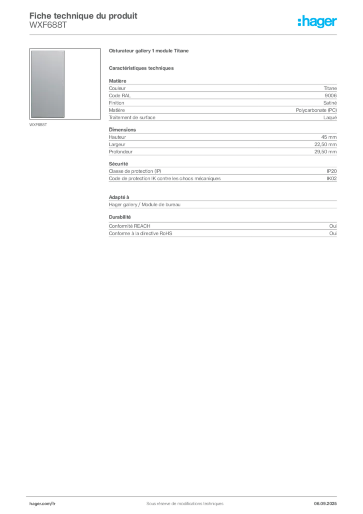 Image Hager Fiche technique du produit WXF688T | Hager France
