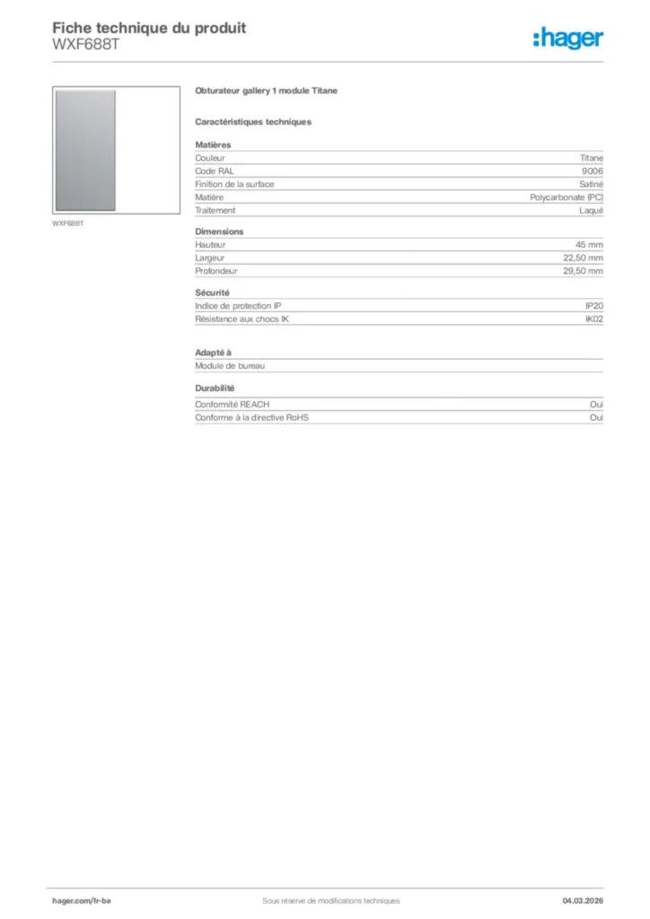Image Hager Fiche technique du produit WXF688T | Hager Belgique