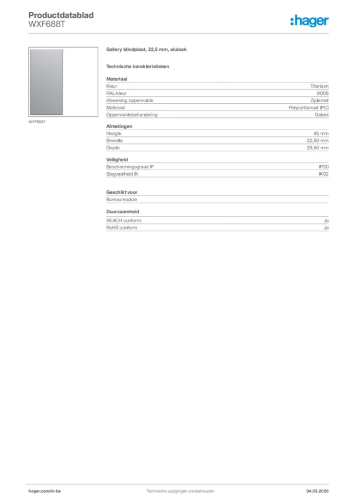 Afbeelding Hager Productdatablad WXF688T | Hager Belgium