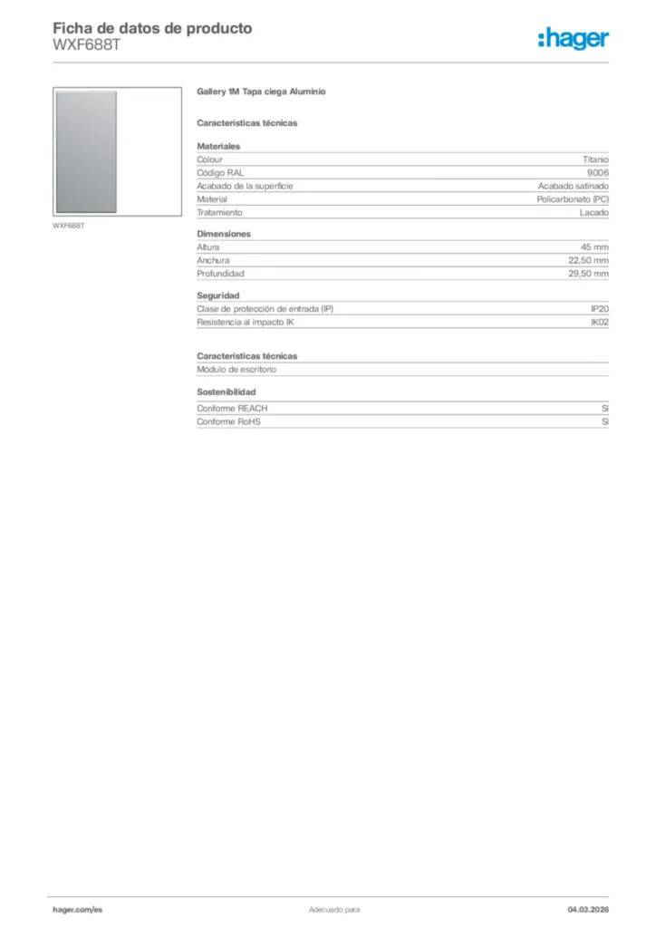 Imagen Hager Ficha de datos de producto WXF688T | Hager España