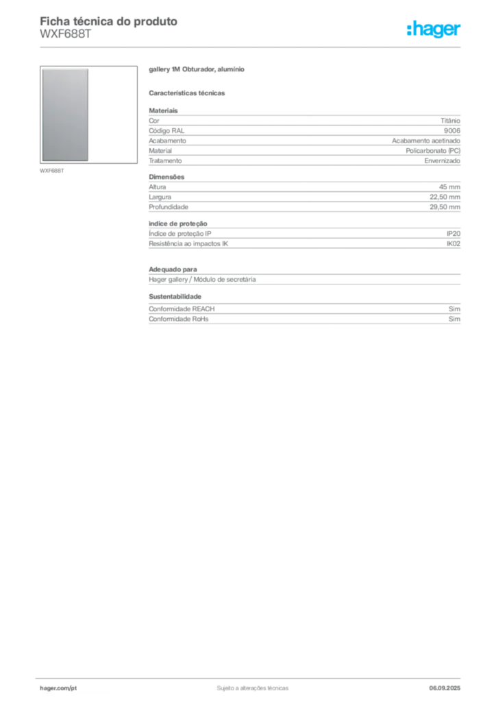 Imagem Hager Ficha técnica do produto WXF688T | Hager Portugal