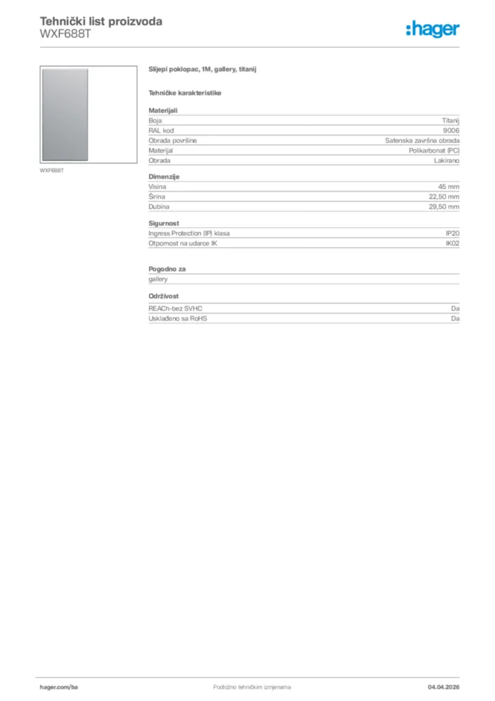 Slika Hager Tehnički list proizvoda WXF688T  | Hager