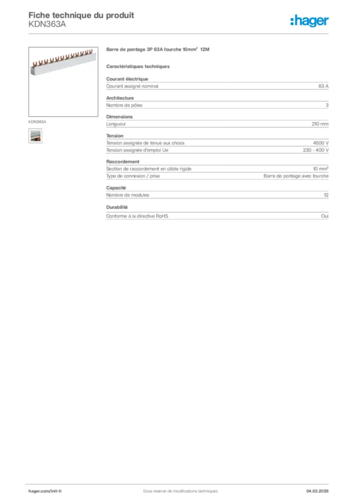 Image Hager Fiche technique du produit KDN363A | Hager Afrique