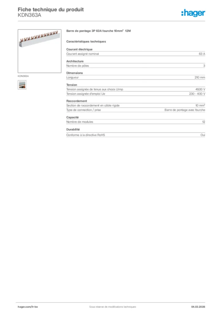 Image Hager Fiche technique du produit KDN363A | Hager Belgique
