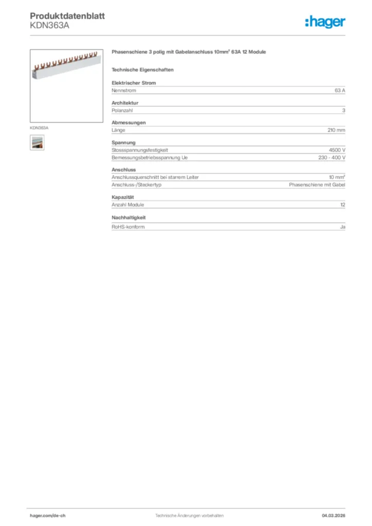 Bild Hager Produktdatenblatt KDN363A | Hager Schweiz