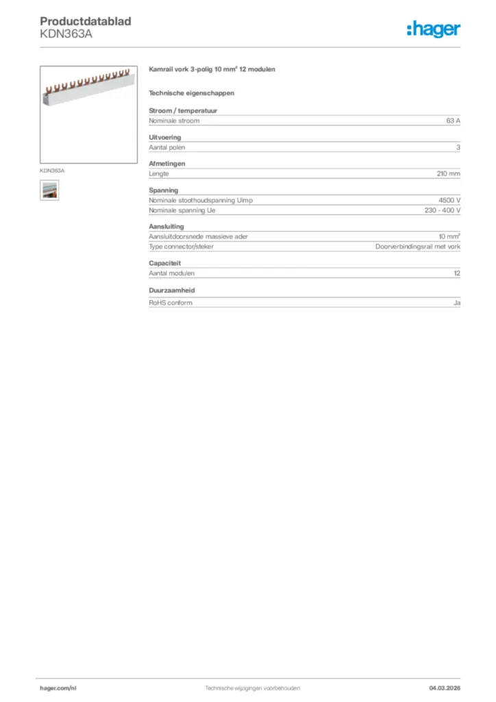 Afbeelding Hager Productdatablad KDN363A | Hager Nederland