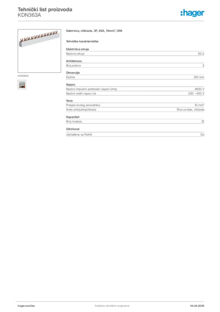 Slika Hager Tehnički list proizvoda KDN363A  | Hager