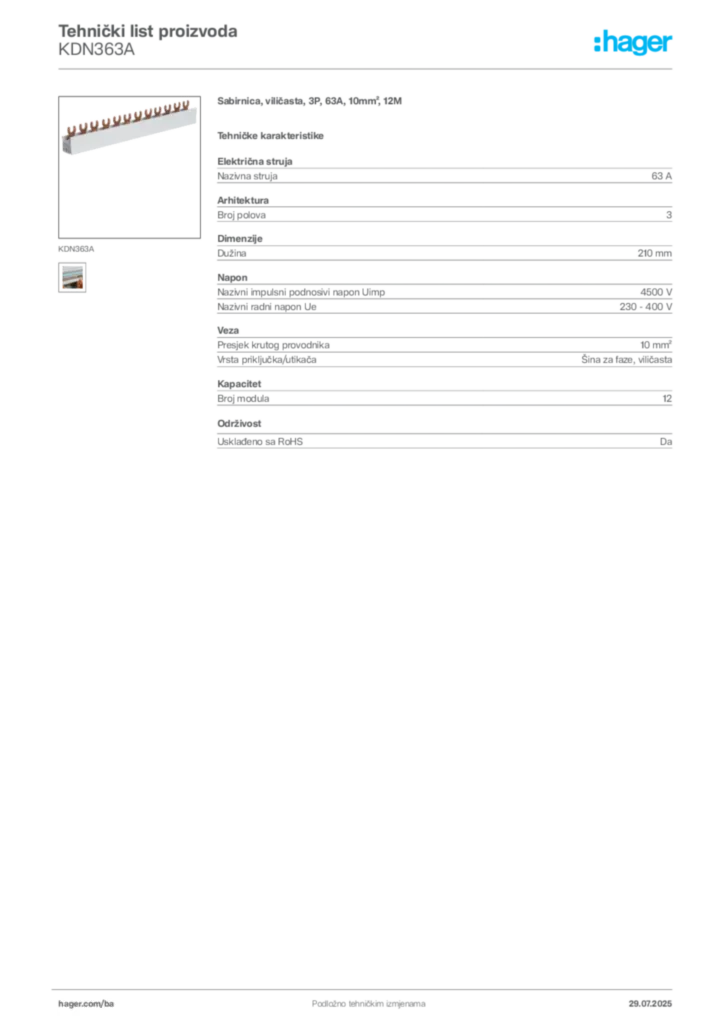 Slika Hager Product data sheet KDN363A  | Hager