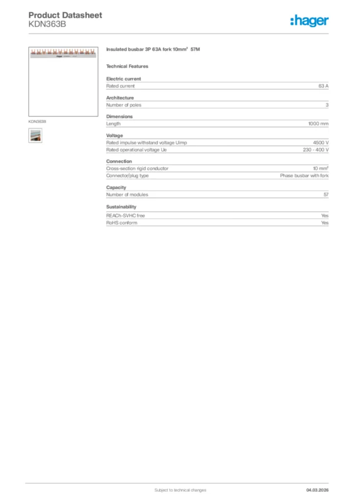 Image Hager Product data sheet KDN363B  | Hager Africa