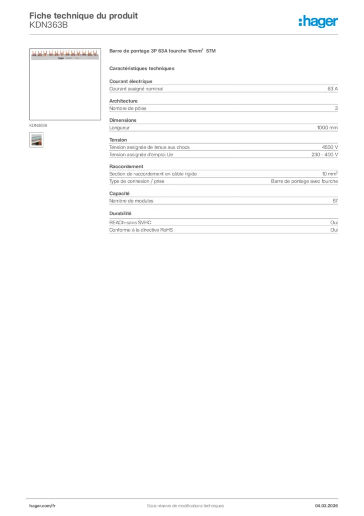Image Hager Fiche technique du produit KDN363B | Hager France