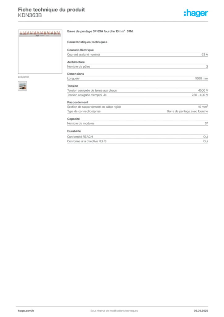 Image Hager Fiche technique du produit KDN363B | Hager France